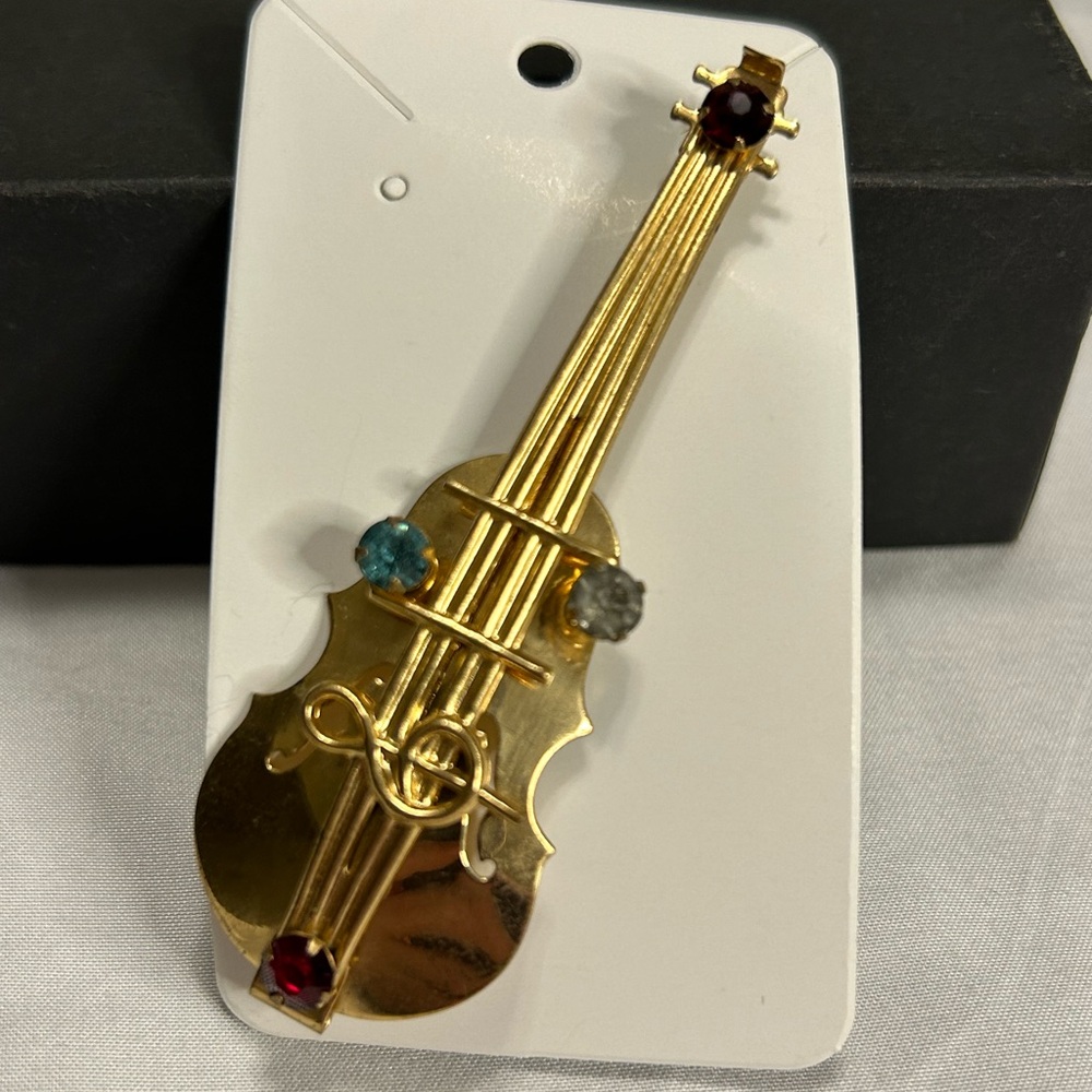 Vintage Brass Violin Brooch Pin with Treble Clef and Rhinestones